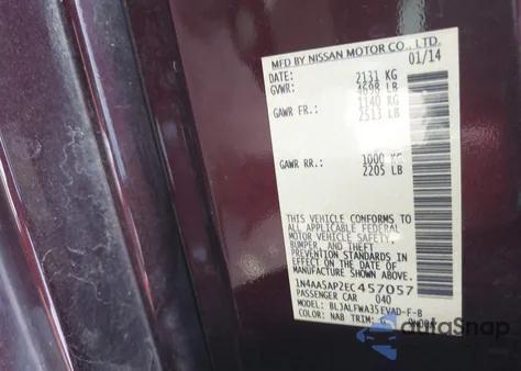 2014 Nissan Maxima 3.5 Sv z USA, uszkodzony, nr VIN 1N4AA5AP2EC457057